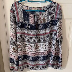 LOFT Outlet Multi-Print Tie-Neck Boho Peasant Blouse Size Medium